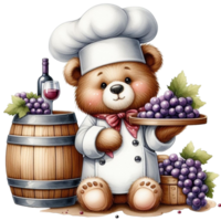 ai gerado uma Urso chefe de cozinha segurando uma bandeja com uvas e barris png