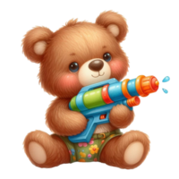 ai generiert ein Karikatur Teddy Bär halten ein Spielzeug Wasser Gewehr png