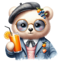 AI generated bear wearing glasses and a hat holding an orange juice png
