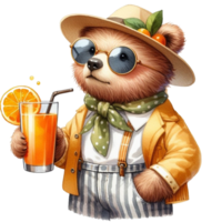 AI generated bear wearing glasses and a hat holding an orange juice png