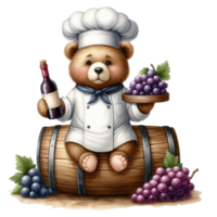 AI generated a bear chef holding a tray with grapes and barrels png