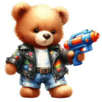 ai generato un' cartone animato orsacchiotto orso Tenere un' giocattolo acqua pistola png