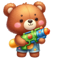 AI generated a cartoon teddy bear holding a toy water gun png