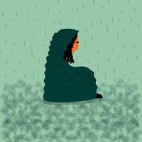 The image consists of a person sitting on the ground, under the rain, with a windbreaker jacket that covers them completely vector