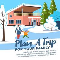 invierno viaje para tu familia, libro casa o cabaña vector