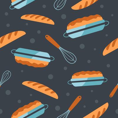 Bread, pie from bakery house and whisk pattern
