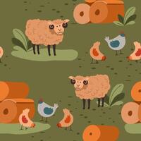 Sheep and chicken on field, seamless patterns vector