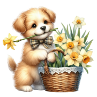 AI generated cute dog with basket of daffodils and flowers png