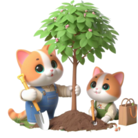 AI generated cat and a kitten planting a tree png