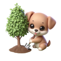 ai gerado uma desenho animado cachorro é plantio uma árvore png