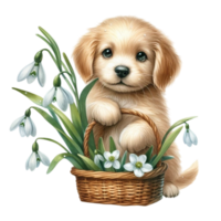 ai gerado uma cachorro com flores dentro uma cesta png