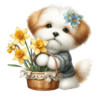 AI generated cute dog with basket of daffodils and flowers png