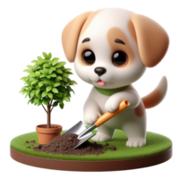 ai generado un dibujos animados perro es plantando un árbol png