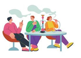 amigos de fumar narguile en fiesta en en pub vector