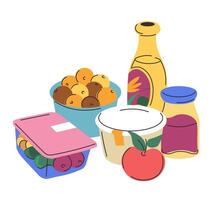 Products in lunchbox, snacks for daily ration vector