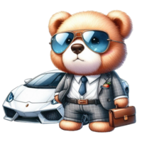 ai generiert ein Karikatur Bär im ein passen und Sonnenbrille Stehen Nächster zu ein Auto png