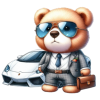 AI generated a cartoon bear in a suit and sunglasses standing next to a car png