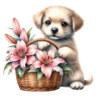 ai gerado uma cachorro com flores dentro uma cesta png