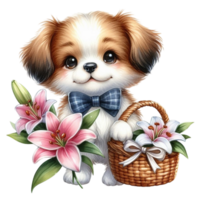 ai généré une chien avec fleurs dans une panier png