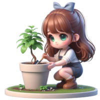 AI generated two cartoon girls holding plants in potted pots png