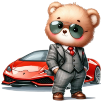 AI generated a cartoon bear in a suit and sunglasses standing next to a car png