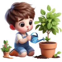 ai generado dos dibujos animados niños participación un planta en un maceta png