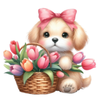 ai généré une chiot avec une panier de tulipes et fleurs png