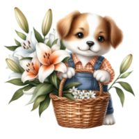 ai gegenereerd een hond met bloemen in een mand png