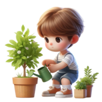 AI generated two cartoon children holding a plant in a pot png