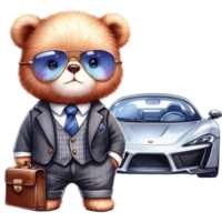 AI generated a cartoon bear in a suit and sunglasses standing next to a car png