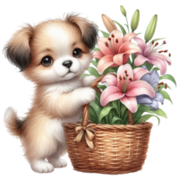 AI generated a dog with flowers in a basket png