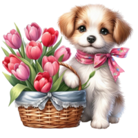 ai gegenereerd een puppy met een mand van tulpen en bloemen png