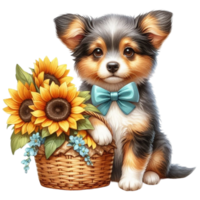 ai generato un' carino cane con girasoli e un' cestino png