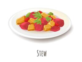 Plate with lamb, potatoes, onions and thyme, stew vector