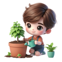 AI generated two cartoon children holding a plant in a pot png