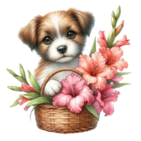 AI generated a cute dog is sitting in a basket with flowers png