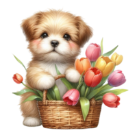 AI generated a puppy with a basket of tulips and flowers png