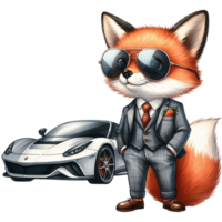 ai generiert Karikatur Fuchs im passen und Sonnenbrille mit ein Auto png