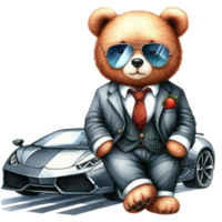 AI generated cartoon fox in suit and sunglasses with a car png