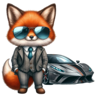 AI generated cartoon fox in suit and sunglasses with a car png