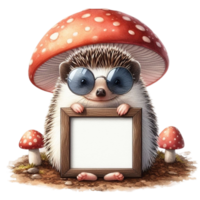 AI generated cute hedge with glasses holding a frame on a mushroom png