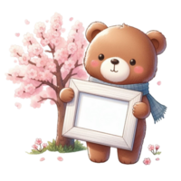 AI generated a cute teddy bear holding a blank frame with flowers png