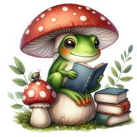 ai généré une dessin animé grenouille séance en dessous de une champignon en train de lire une livre png