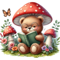 AI generated a cute teddy bear reading a book under a mushroom png