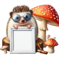 ai généré mignonne haie avec des lunettes en portant une Cadre sur une champignon png