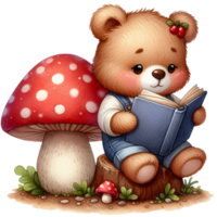 ai generiert ein süß Teddy Bär lesen ein Buch unter ein Pilz png