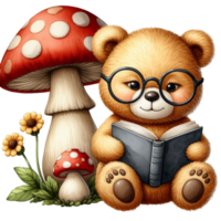 ai gegenereerd een schattig teddy beer lezing een boek onder een paddestoel png