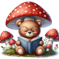ai generiert ein süß Teddy Bär lesen ein Buch unter ein Pilz png