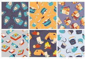 Decorative pattern set with hike equipment elements vector