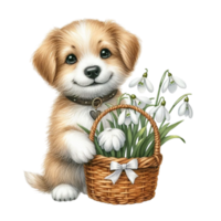 ai généré une chien avec fleurs dans une panier png